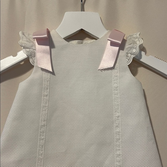 Luli & Me Timeless A Line white pique dress w/pink embroidery and bows size 6M - Picture 2 of 11